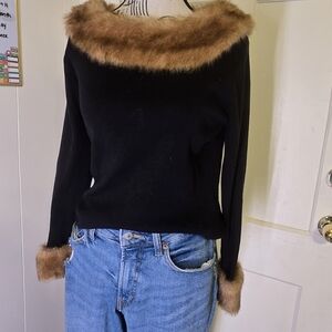Vintage Made in Russia Black Sweater with Faux Fur Collar & Cuffs – Off Shoulder